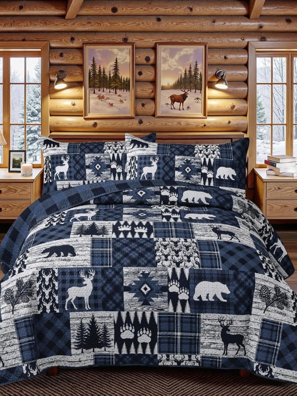 3 Piece Cabin Full/Queen Quilt Sets Farmhouse Rustic Reversible Microfiber Soft